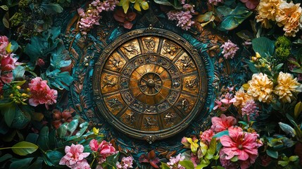 Ornate Zodiac Wheel Surrounded by Vibrant Floral Arrangement