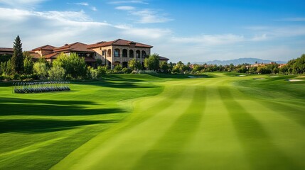 An elegant golf course with meticulously groomed fairways and scenic views, Golf clubs neatly lined up near a picturesque clubhouse, Sporting elegance style