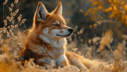 Fototapeta premium Serene Dog Resting in Nature with Soft Sunlight and Warm Colors
