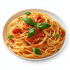 delicious plate of spaghetti with tomato sauce and fresh basil garnish isolated design on white background