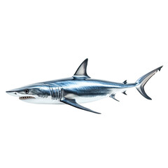 Fototapeta premium Angled view full body shot of an extremely perfect looking single Longfin Mako Shark animal isolated on a white transparent background