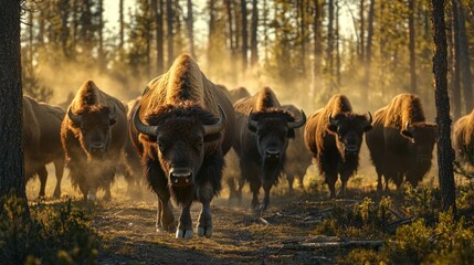 Majestic bison herd charging through a sunlit forest.