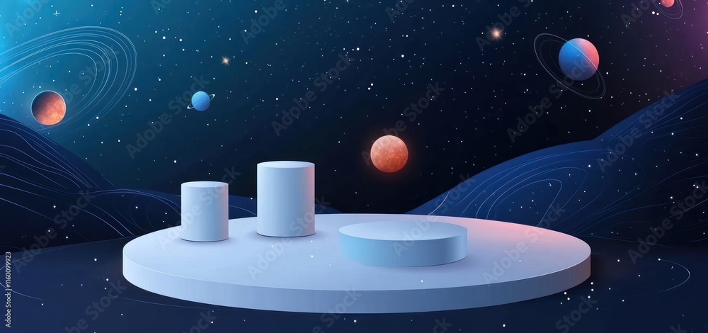 Poster Abstract cosmic display podium with planets and nebula background.