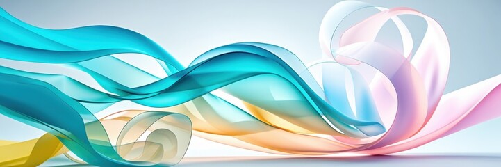 Abstract flowing ribbons, vibrant colors, teal blue, orange, pink, translucent waves, ethereal movement, soft gradients, light reflections, smooth curves, dynamic composition, artistic background, dig
