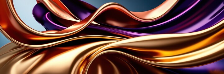 Abstract waves, liquid gold, purple velvet, smooth curves, flowing motion, metallic sheen, dynamic composition, luxurious textures, vibrant colors, swirling patterns, glossy surface, fluid art, rich c