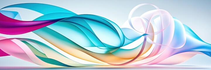 Abstract flowing ribbons, vibrant colors, teal blue, orange, pink, translucent waves, ethereal movement, soft gradients, light reflections, smooth curves, dynamic composition, artistic background, dig