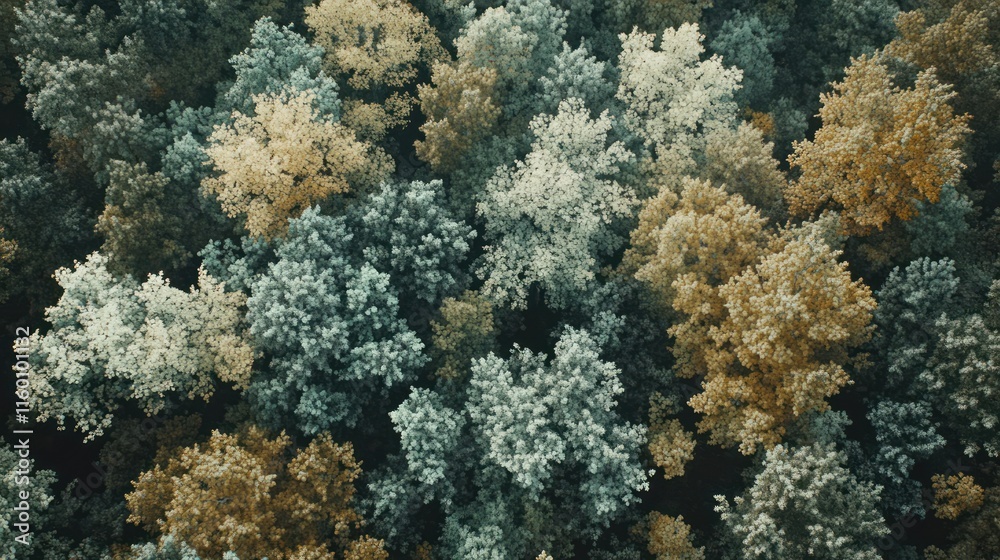 Poster Aerial view of autumn forest with muted colors, showing diverse treetops.