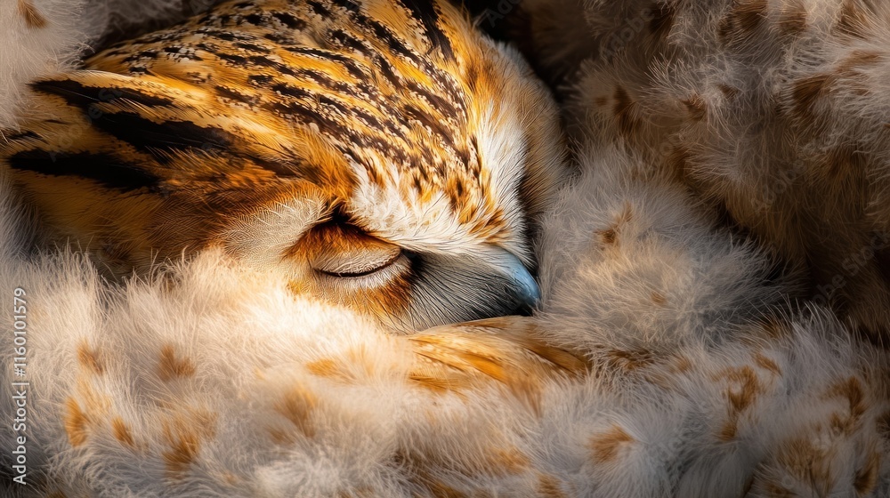 Poster Close-up of a sleeping owl nestled in soft feathers.