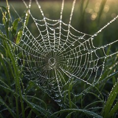 Naklejka premium A close-up of a spider’s web covered in morning dew.