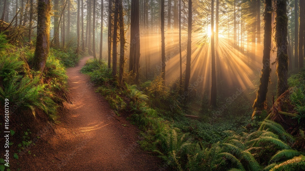 Poster Sun rays illuminate a forest path at sunrise, creating a magical atmosphere.