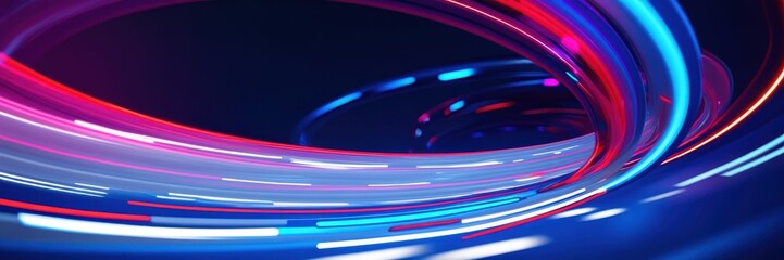 Abstract, swirling lights, neon blue, purple hues, dynamic curves, motion blur, cosmic, futuristic, digital art, high contrast, glossy surface, energy trails, vibrant colors, sleek design, technologic