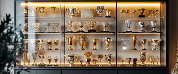 A display case filled with various trophies and awards, showcasing achievements.