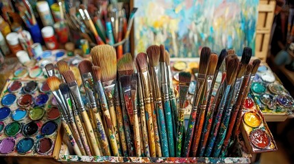 Obraz premium Colorful Art Supply Arrangement with Paintbrushes and Palettes