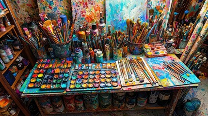 Fototapeta premium Colorful Art Studio with Paints Brushes and Vibrant Canvas Display