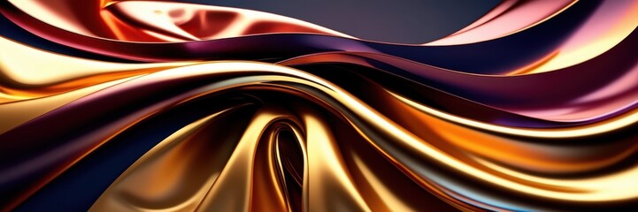 Abstract waves, liquid gold, purple velvet, smooth curves, flowing motion, metallic sheen, dynamic composition, luxurious textures, vibrant colors, swirling patterns, glossy surface, fluid art, rich c