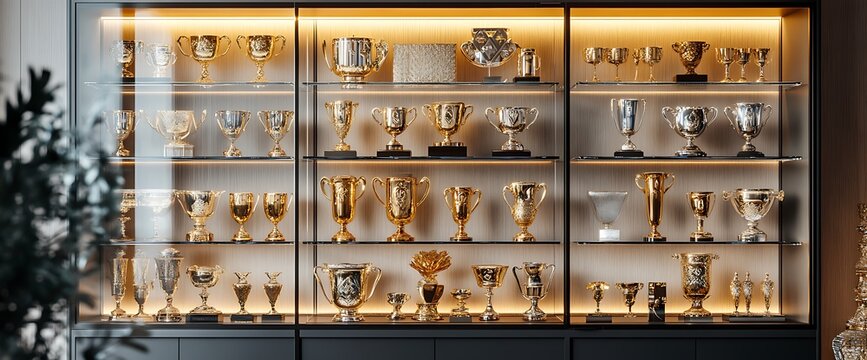 A display case filled with various trophies and awards, showcasing achievements.