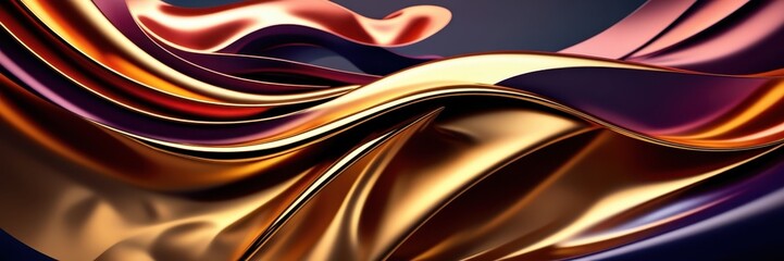 Abstract waves, liquid gold, purple velvet, smooth curves, flowing motion, metallic sheen, dynamic composition, luxurious textures, vibrant colors, swirling patterns, glossy surface, fluid art, rich c