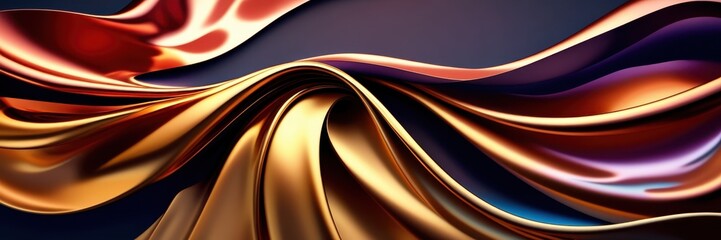 Abstract waves, liquid gold, purple velvet, smooth curves, flowing motion, metallic sheen, dynamic composition, luxurious textures, vibrant colors, swirling patterns, glossy surface, fluid art, rich c