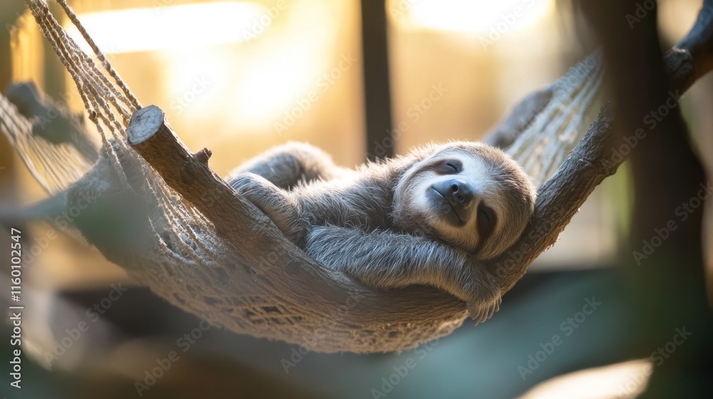 Poster a relaxed sloth naps peacefully in a hammock strung between tree branches, bathed in warm sunlight.