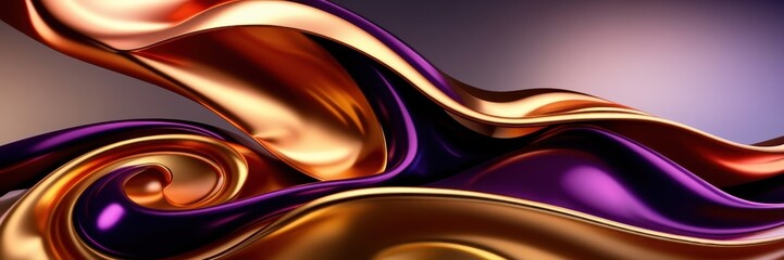 Abstract waves, liquid gold, purple velvet, smooth curves, flowing motion, metallic sheen, dynamic composition, luxurious textures, vibrant colors, swirling patterns, glossy surface, fluid art, rich c