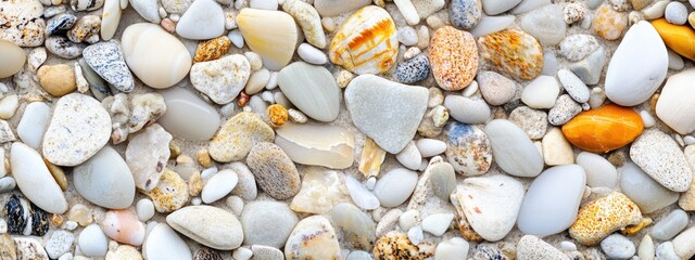 Close-up of various smooth, colorful stones and pebbles on a beach.