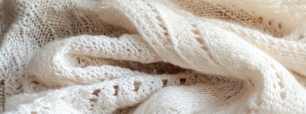 Poster close-up of creamy white knitted fabric with intricate lace pattern.