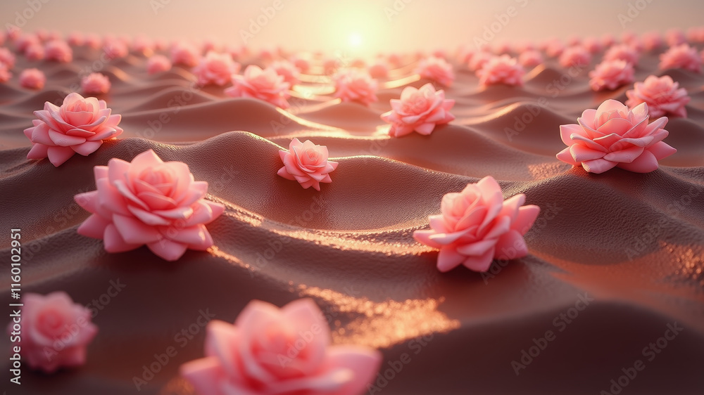 Sticker Pink Roses on Brown Wavy Surface, Sunset - • Soft Pastel Colors