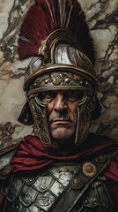 Historical Roman Warrior Helmet and Armor Portrait on Marble Background
