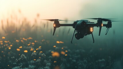 Naklejka premium Drone Flying Over a Field of Flowers at Sunrise
