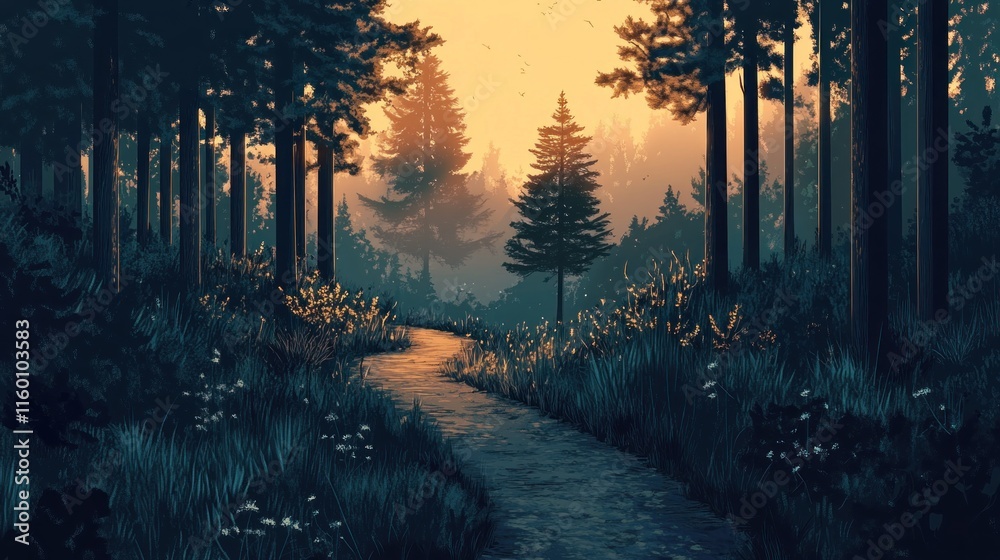 Poster Serene sunset path through a lush evergreen forest with tall trees and soft light.