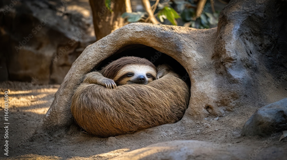 Poster a brown three-toed sloth curled up sleeping in a small rock cave.