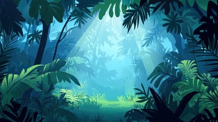 Lush tropical rainforest scene with sunlight streaming through dense foliage, creating a mystical atmosphere.