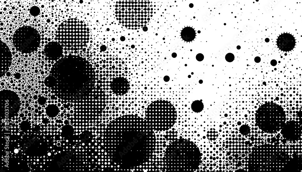 Poster Monochrome printing raster, abstract halftone background. Halftone corner texture. The faded dot pattern for design prints. Bg abstract gradient. Black geometric background for overlay effect.