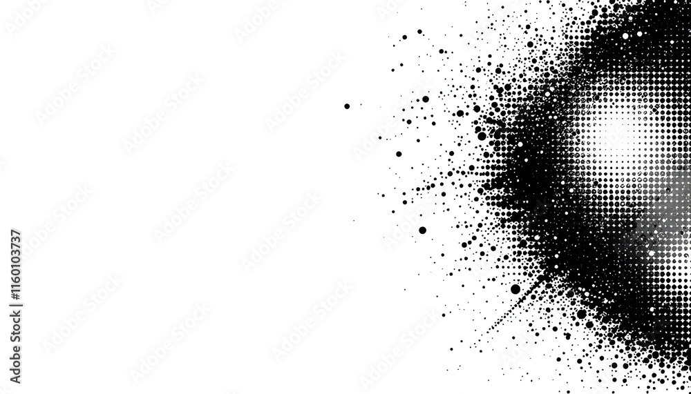 Poster Monochrome printing raster, abstract halftone background. Halftone corner texture. The faded dot pattern for design prints. Bg abstract gradient. Black geometric background for overlay effect.