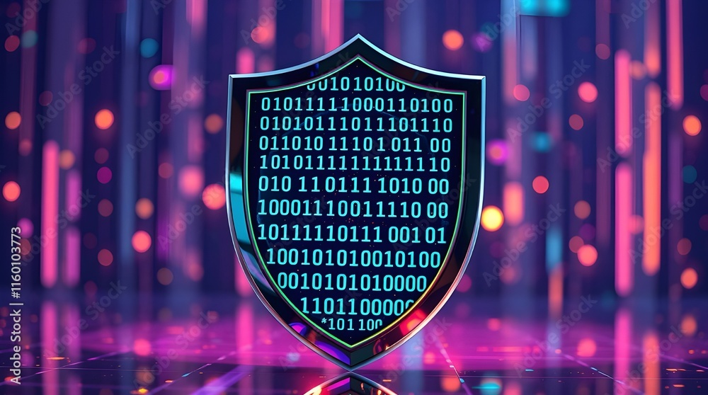 Wall mural a luminous shield with binary patterns placed in a high-tech background.