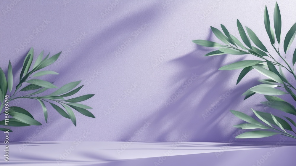 Aufkleber minimalist purple background with green leaves and shadows, creating a serene and elegant scene.