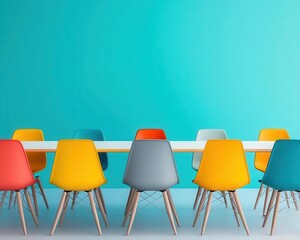 Bank meeting room with bright colors, comfortable ergonomic chairs, and a custombuilt conference table, colorful conference room, vibrant, creative design