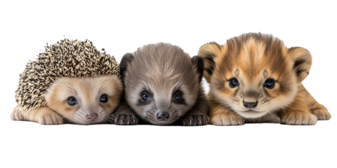 Three adorable baby animals, fennec fox, bushbaby, and lion cub, isolated on white background