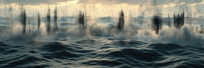 Fototapeta premium A dramatic seascape with splashes and waves under a moody sky.