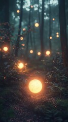 Obraz premium Enchanted Forest Path with Glowing Orbs and Mysterious Atmosphere