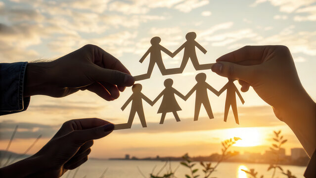 Hands holding paper cutouts of people against sunset background, symbolizing unity and connection