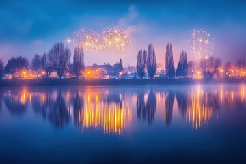 Fototapeta premium Festive Fireworks Display Over Calm River Cityscape