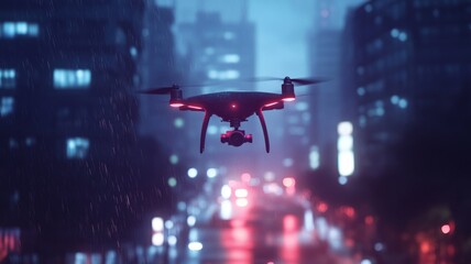 Drone Flying Through Rain In A City At Night