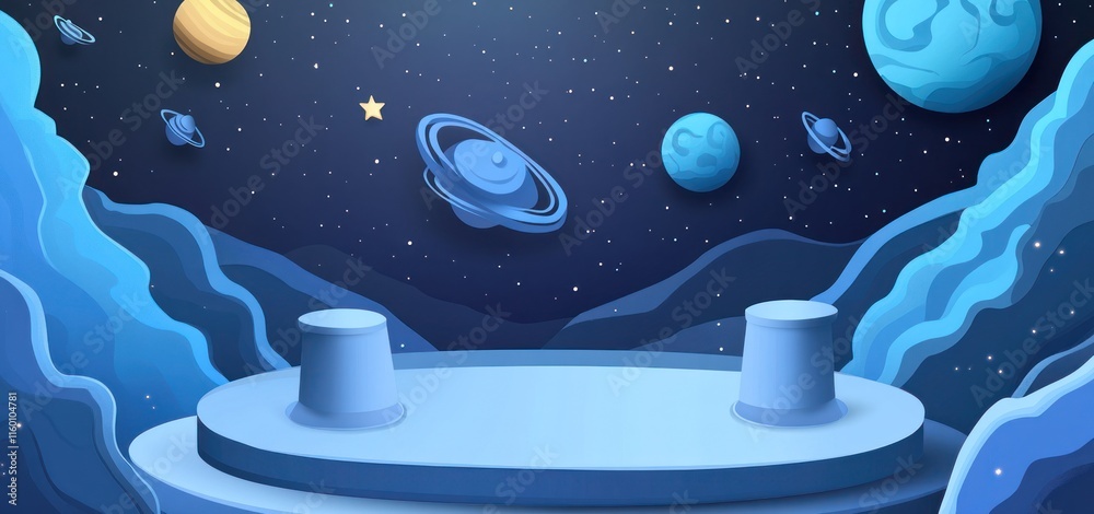 Poster cosmic platform with planets and stars backdrop.