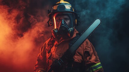 Fototapeta premium A firefighter in protective gear holds a chainsaw amidst smoke and dramatic lighting.