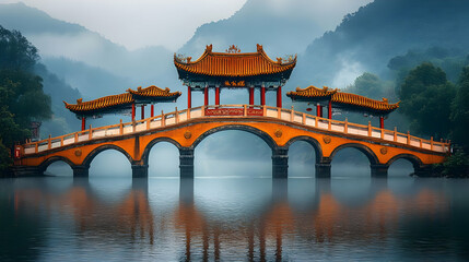 Naklejka premium Serene bridge in a misty landscape, showcasing traditional architecture and natural beauty.