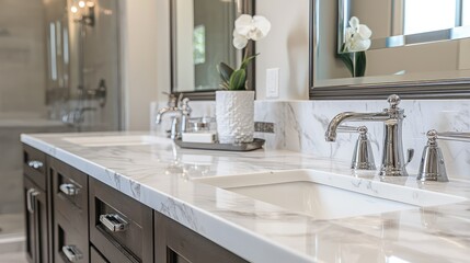 Elegant Modern Bathroom with Marble Countertop and Decorative Elements