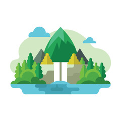 Mountain waterfall surrounded by lush trees isolated flat vector illustration on white background.