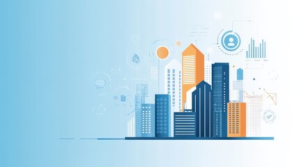 Fototapeta premium Modern Urban Cityscape Illustration Featuring Tall Buildings and Abstract Design Elements with Blue and Orange Color Palette for Business Use