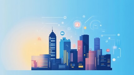 Fototapeta premium Modern City Skyline with Digital Elements and Innovative Technology Icons in a Contemporary Vector Illustration of Urban Landscape